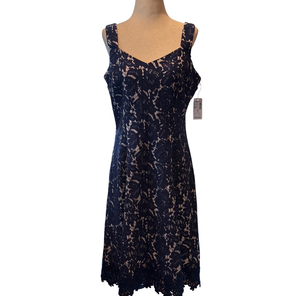 Roz & Ali Navy Blue Floral Lace Sheath Dress Sleeveless V-Neck Size 6
